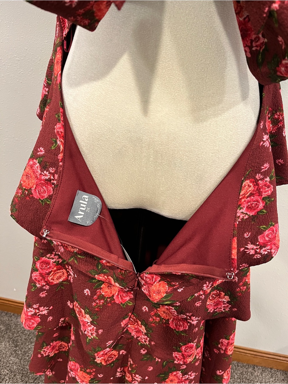 Arula Tiered Floral Maxi Dress in Burgundy with Pink Roses size 2X - Picture 9 of 14